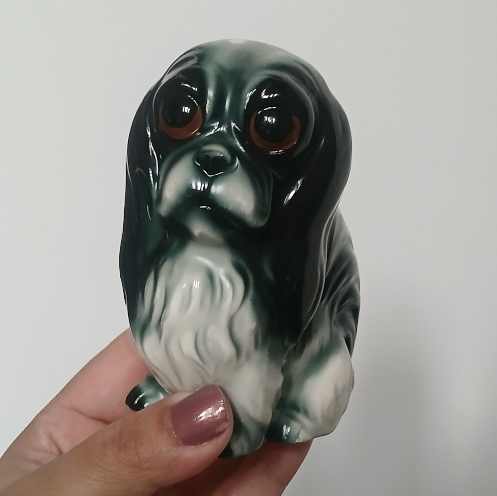 Vintage Japan Porcelain Ceramic Black and White Pekingese Dog Figurine